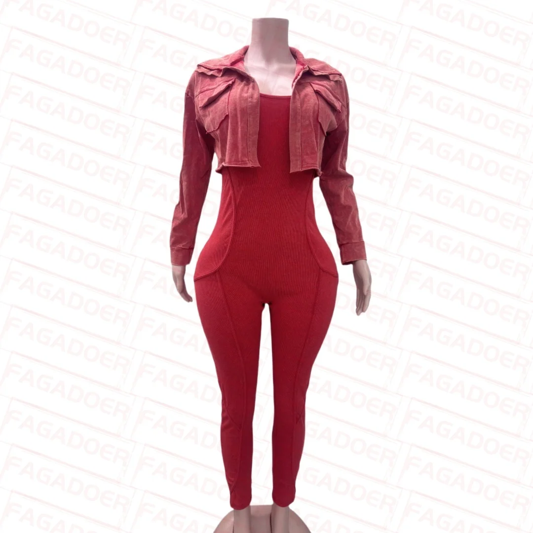 FAGADOER High Quality Rib Women 2 Piece Set Outfit Fashion Long Sleeve Crop Jacket + Bodycon Jumpsuits Suits Clothing 2025 New