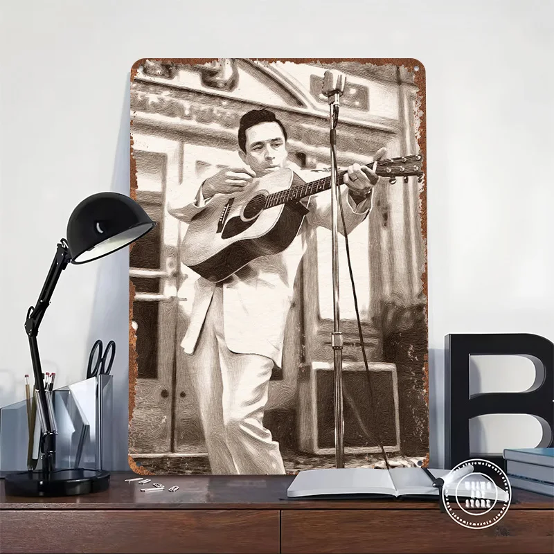 Johnny Cash Playing Guitar Sepia Tone Tin Plaque Poster Customized Wall Art Retro Vintage Metal Signs for Man Cave Desk Decor