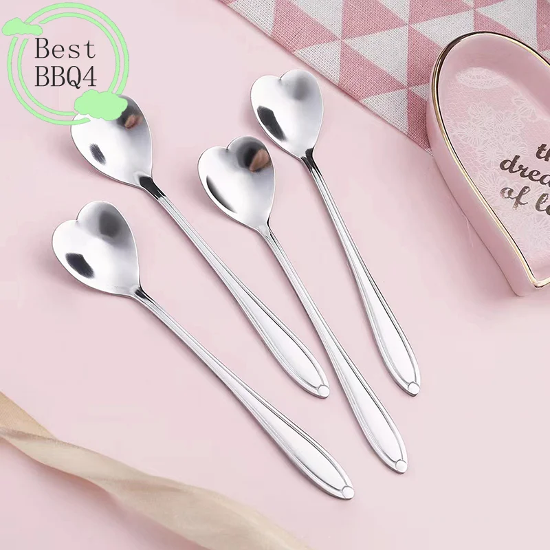 (BBQ4)10pc Polished Stainless Steel Heart-Shaped Coffee Spoon Set - Durable Stirring Utensils For Home Kitchen Dining Room