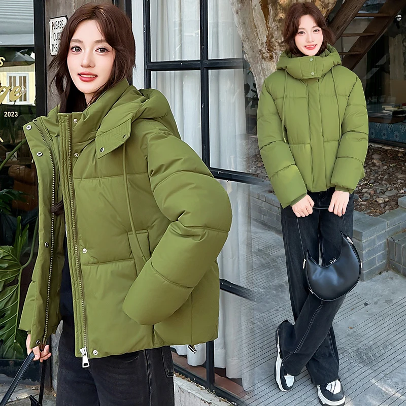 New Female Winter Hooded Parka Jacket Ladies Short Coat Cinched Hood Long Sleeve Baggy Fit Thick Insulated Casual Outer Layer