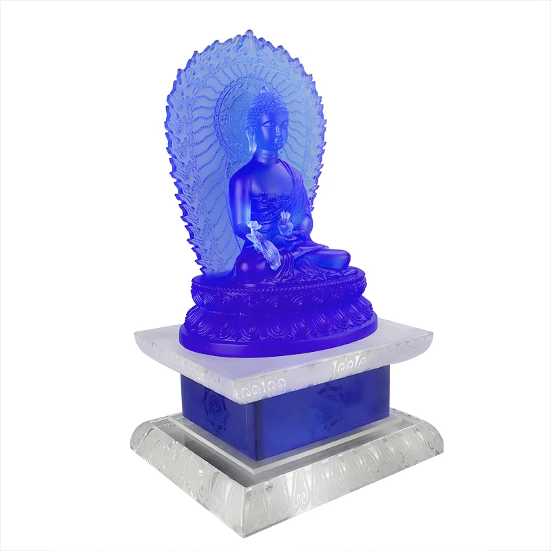*&r Temple Herbalist Buddha Glass Medicine Figurine with Base Light Handmade ArtFamily Jiangsu for Home Hall