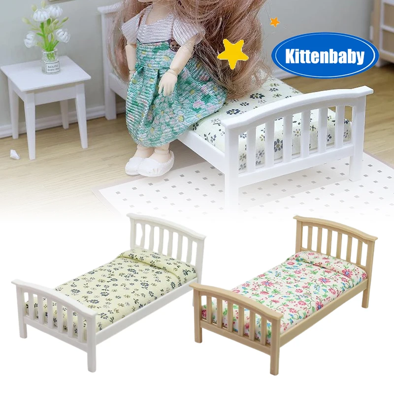 

1 Piece 1:12 Dollhouse Accessories Miniature Floral Single Bed Model Mini Furniture Bedroom Micro Scene Decoration