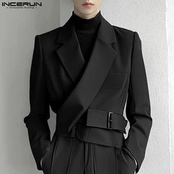 INCERUN Lapel Collar Solid Commuting Jackets Coats Men Deconstruction Elegant Blazer Casual Long Sleeve Suits Metal Buckle Coats