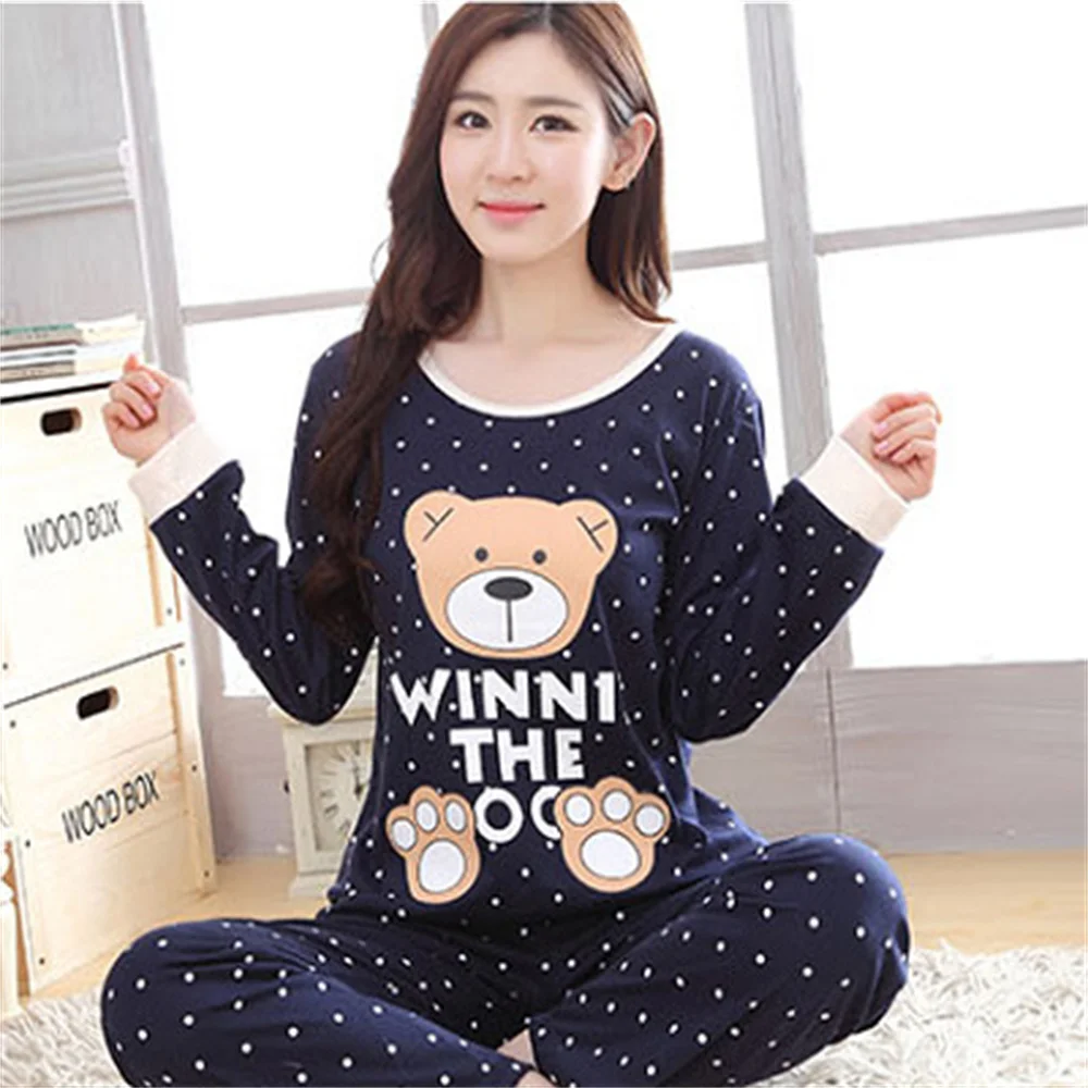 2 Pieces Women Pajamas Long-Sleeved Trousers Pyjamas Set Simple Loose Round Neck Home Wear Large Size Suit Couples Home Clothes