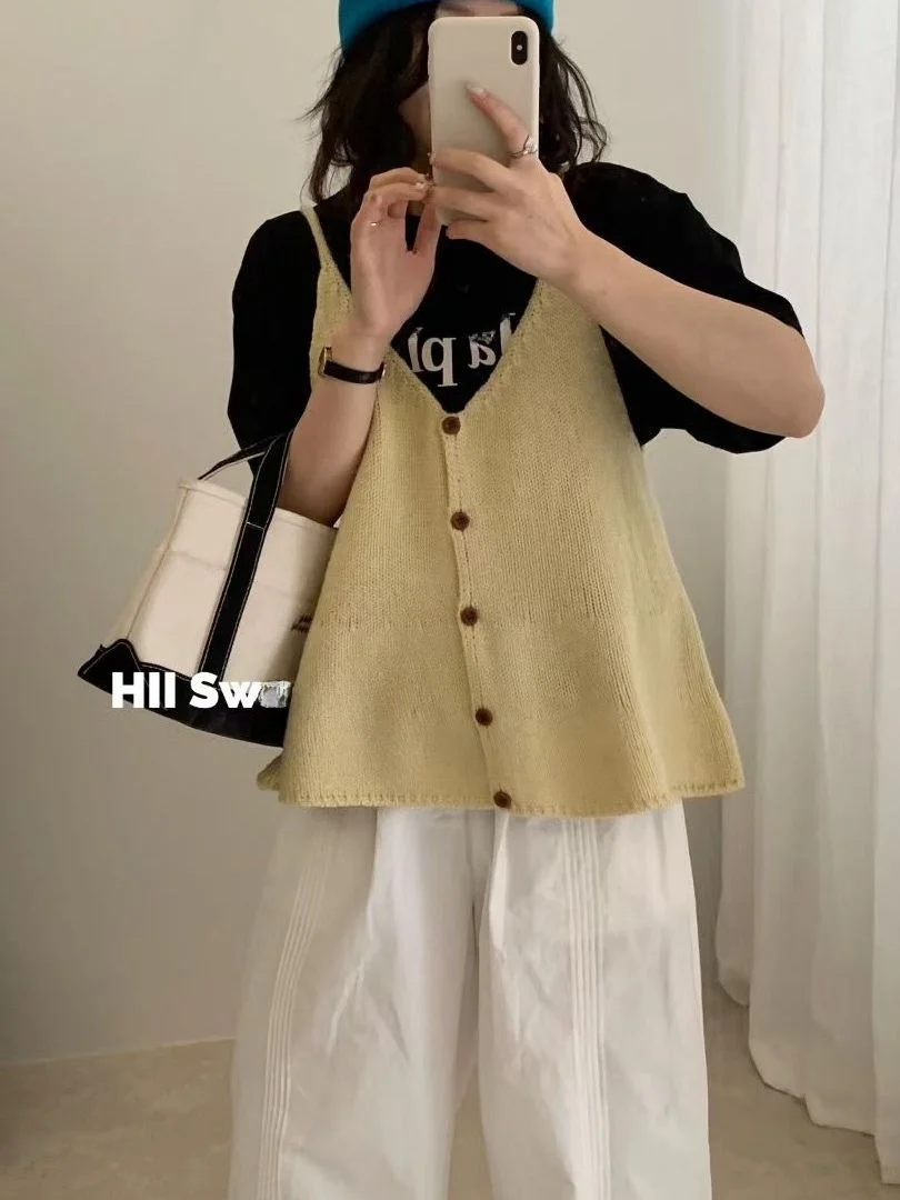 Coreano Faion V-Ne Colete de alça de malha com botão único frontal Ba em dois sentidos regata de lã solta para mulheres