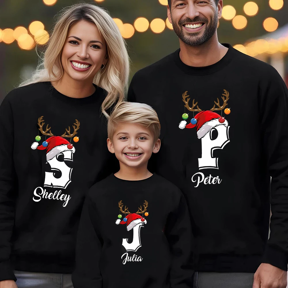 Personalized Family Christmas Sweatshirt Monogrammed Alphabet Sweatshirt Merry Christmas Long Sleeve Tops Family Holiday Clothes
