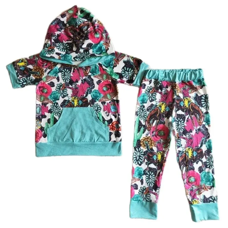 Wholesale Kids Short Sleeve Flower Hoodie Shirt Green Pocket Cow Print Pants Baby Boy Girl Western Children Clothes Sets