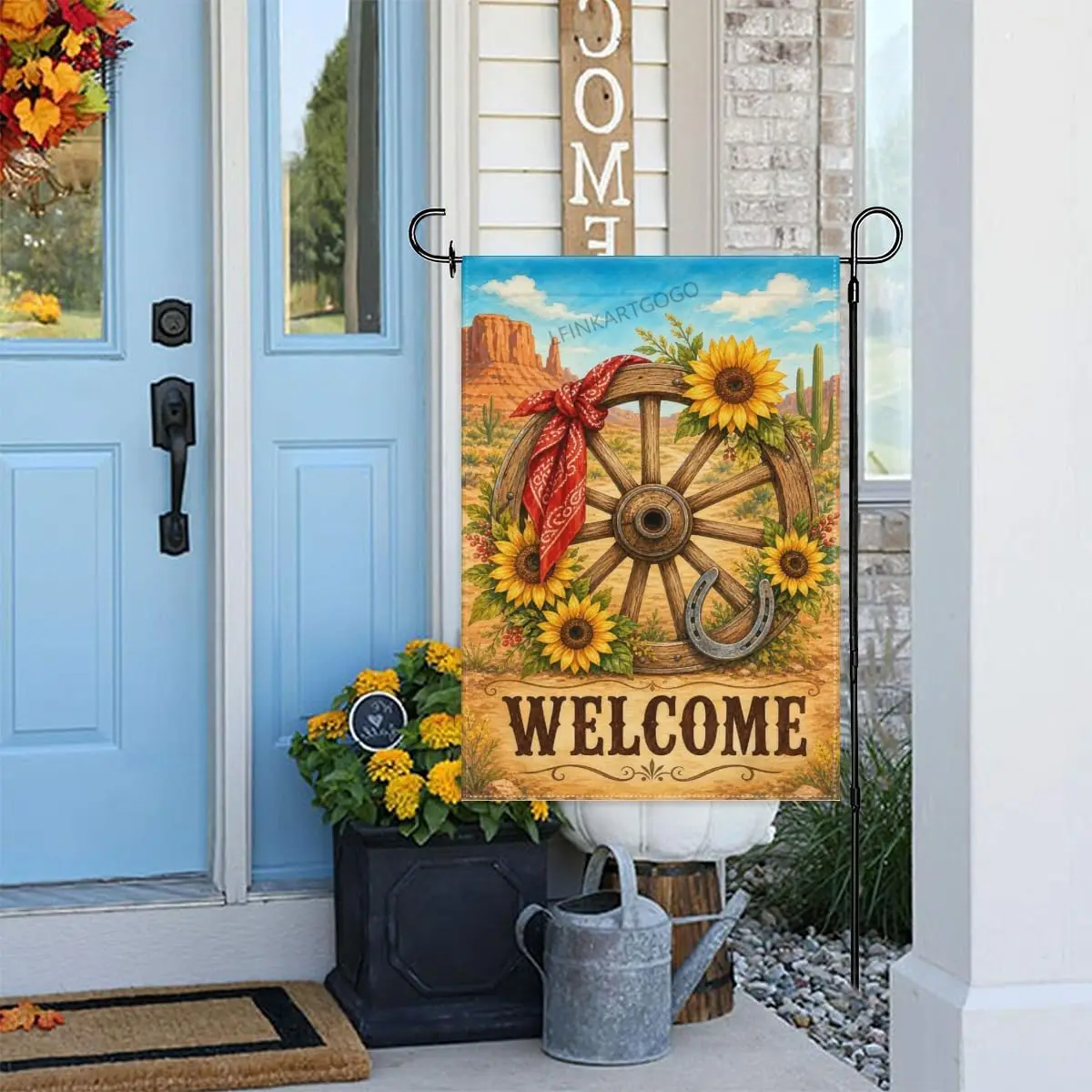 Wagon Wheel Garden Flag Wood Wagon Wheel with Sunflowers Bandana and Desert Welcome 12x18 Inch Double Sided Polyester Yard F xxl