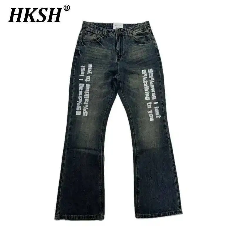 

HKSH Нишевые стиральные рваные джинсовые брюки с буквенным принтом и шрифтом, расклешенные джинсовые брюки, мужские джинсы Tide Dark Punk Chic, новые джинсы в стиле ретро HK3894
