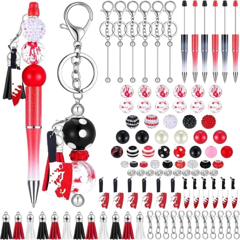 W89C 86pcs Halloween موضوع الديكور القلم وسلسلة مفاتيح قابلة للخرز مجموعة للطفل هالوين هالوين ، مع شرابات جراد البحر