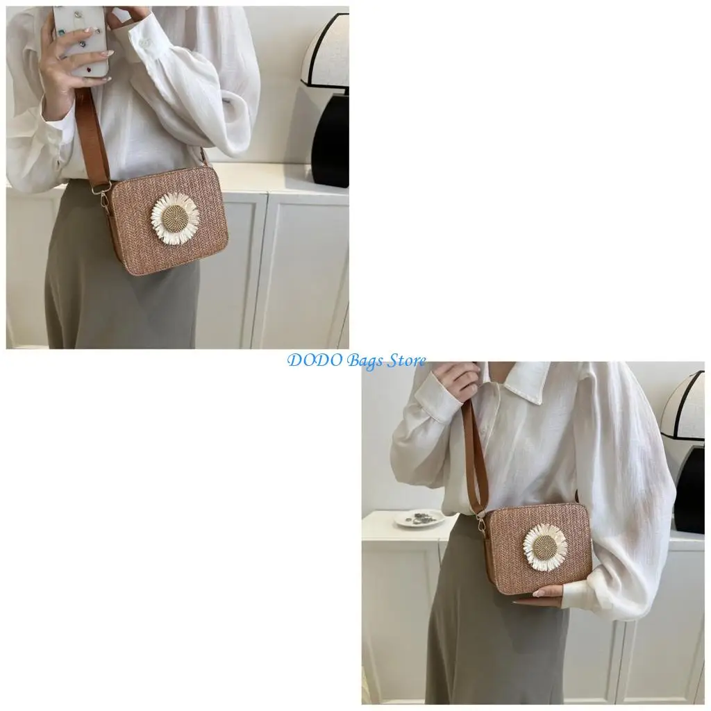 

Bohemian Straw Bag with Delicate Flower Pattern Fashionable Beach Shoulder Bags Crossbody Purse for Women and Girls