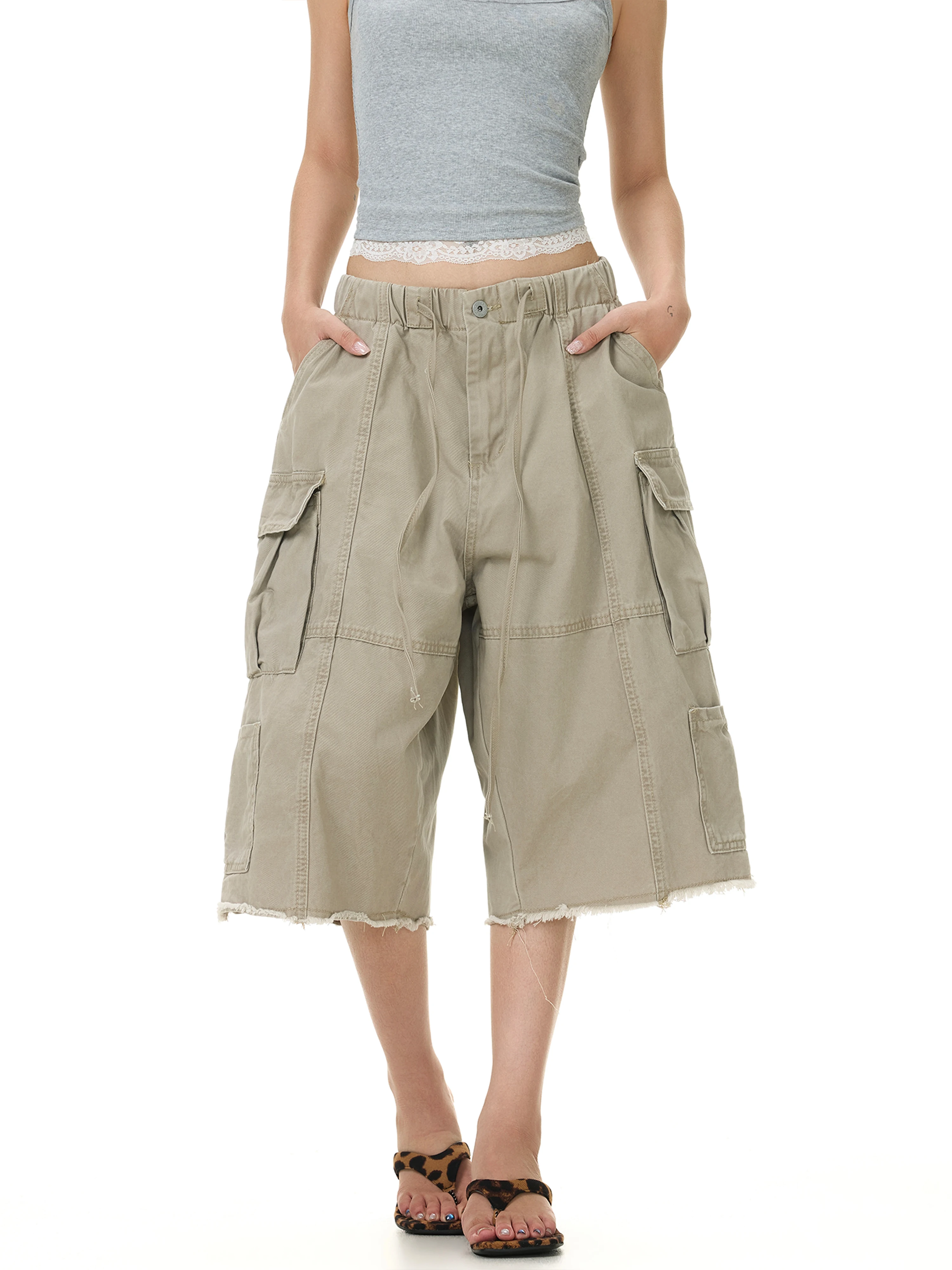 American Style Multi-Pocket Ripped Hem Elastic Waist Loose Casual Wide Leg Work Shorts for Men And Women Vintage Seven-Foot P...