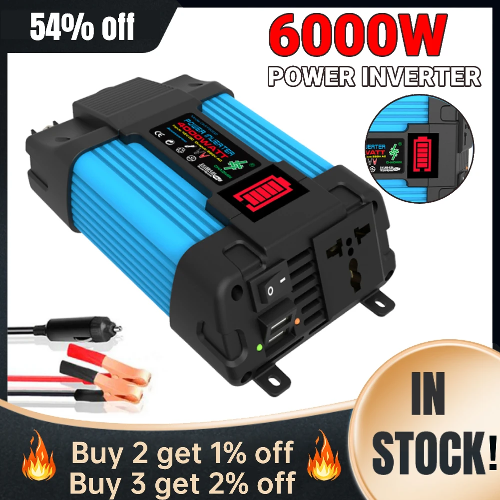 6000W Car Power Inverter LED Voltage Capacity Display Transformer Converter 12V to 110/220V Dual USB Inverter for Car Appliances