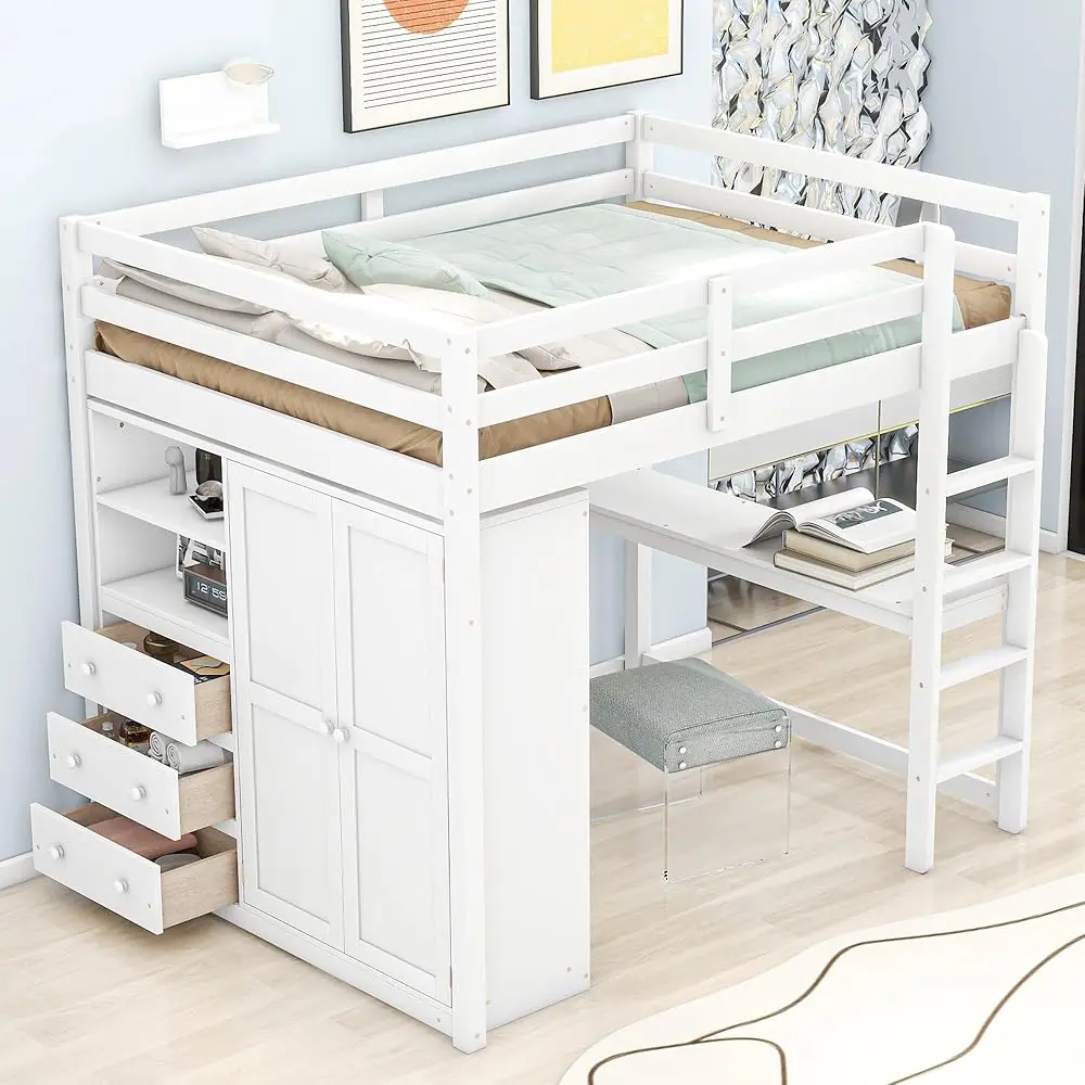 

White Full Size Loft Bed With Desk & Wardrobe, Solid Wood Kids Loft Bedframe W/3 Storage Drawers & 2 Shelves, Maximum Space