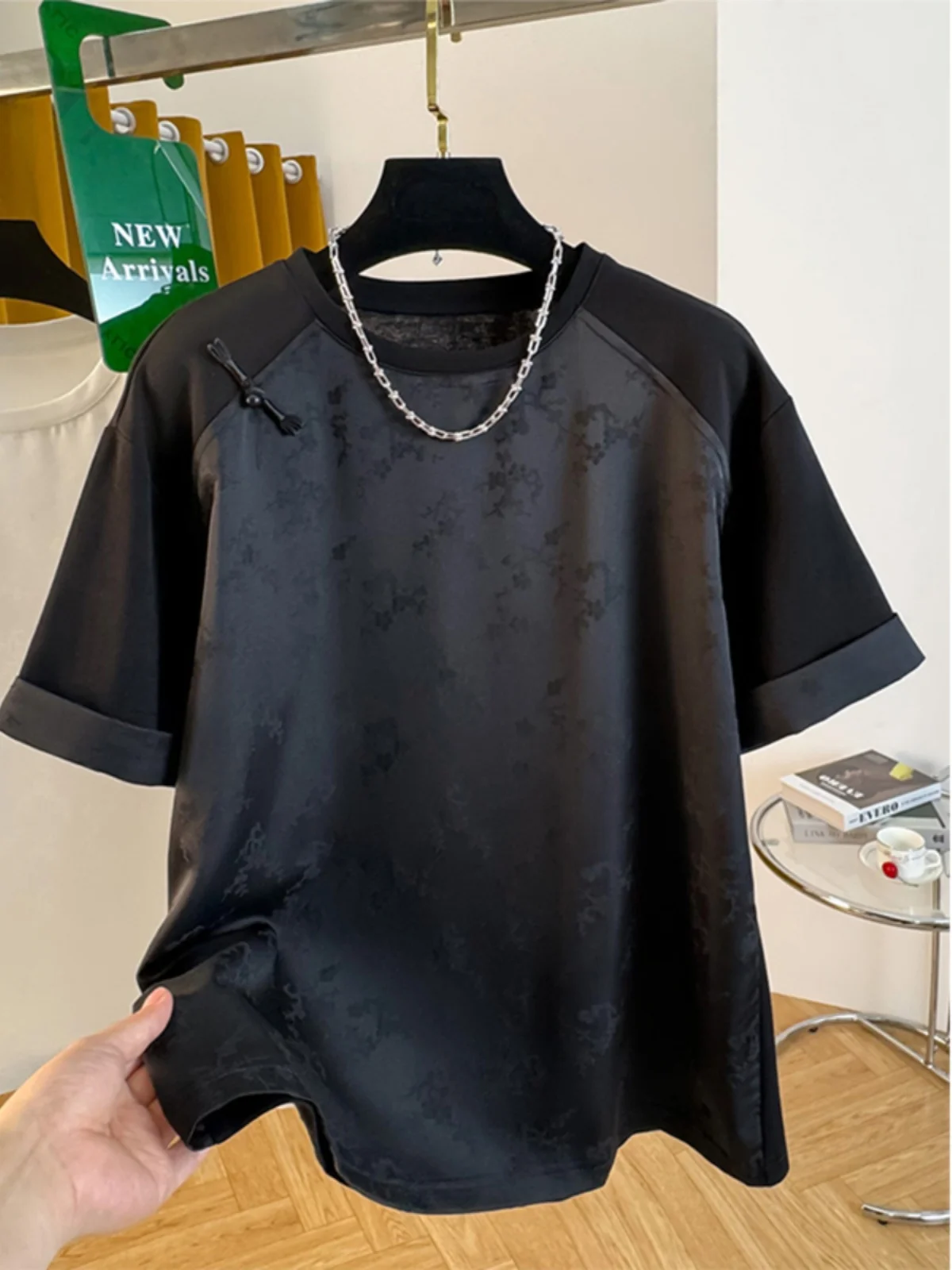 Nueva camiseta china Sle redonda Ne para mujer, camiseta holgada de verano con diseño Sense Satin Patchwork ort Sve Base irt