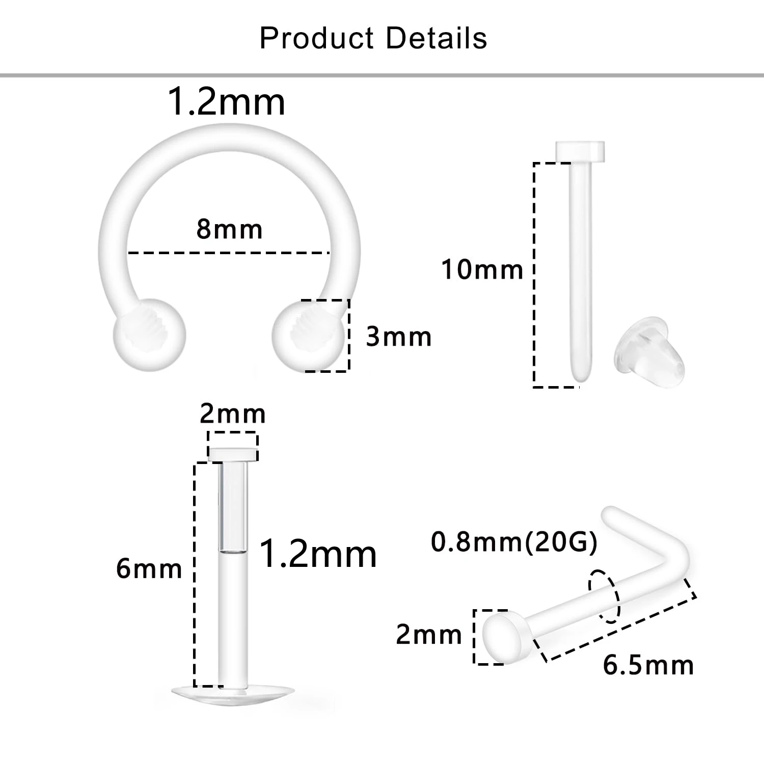 20G 16G Clear Piercing Jewelry Retainers Plastic for Surgery Sports Nose Studs for Work Clear Nose Rings Septum 22Pcs Set