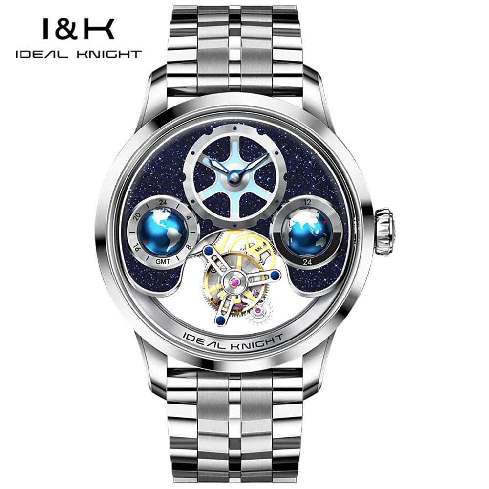 Ideal Knight 6805 Tourbillon Watch for Men 3D Rotating Blue Earth Design 12 Hours Tray Skeleton Waterproof Men\'s Wristwatches