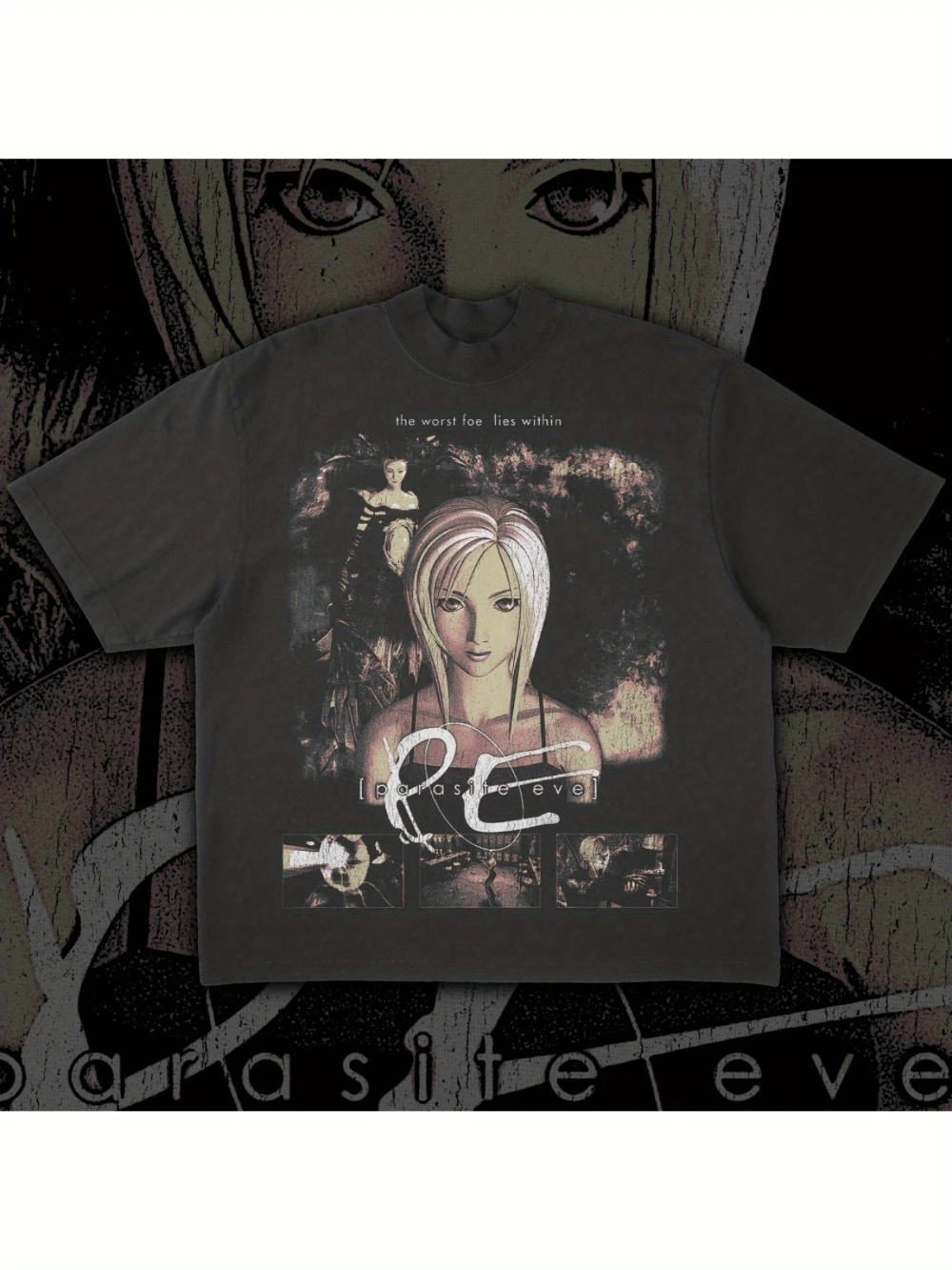 Camiseta negra de algodón 100% para hombre de la marca Parasite Eve Streetwear con diseño gráfico de personajes y texto.