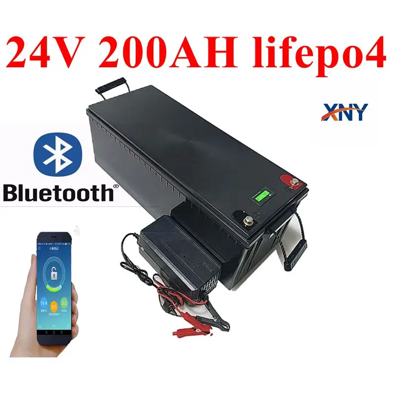 

24V 200AH lifepo4 lithium Battery with bluetooth BMS APP for 2000W Inverter Solar RV golf cart backup power + 10A Charger