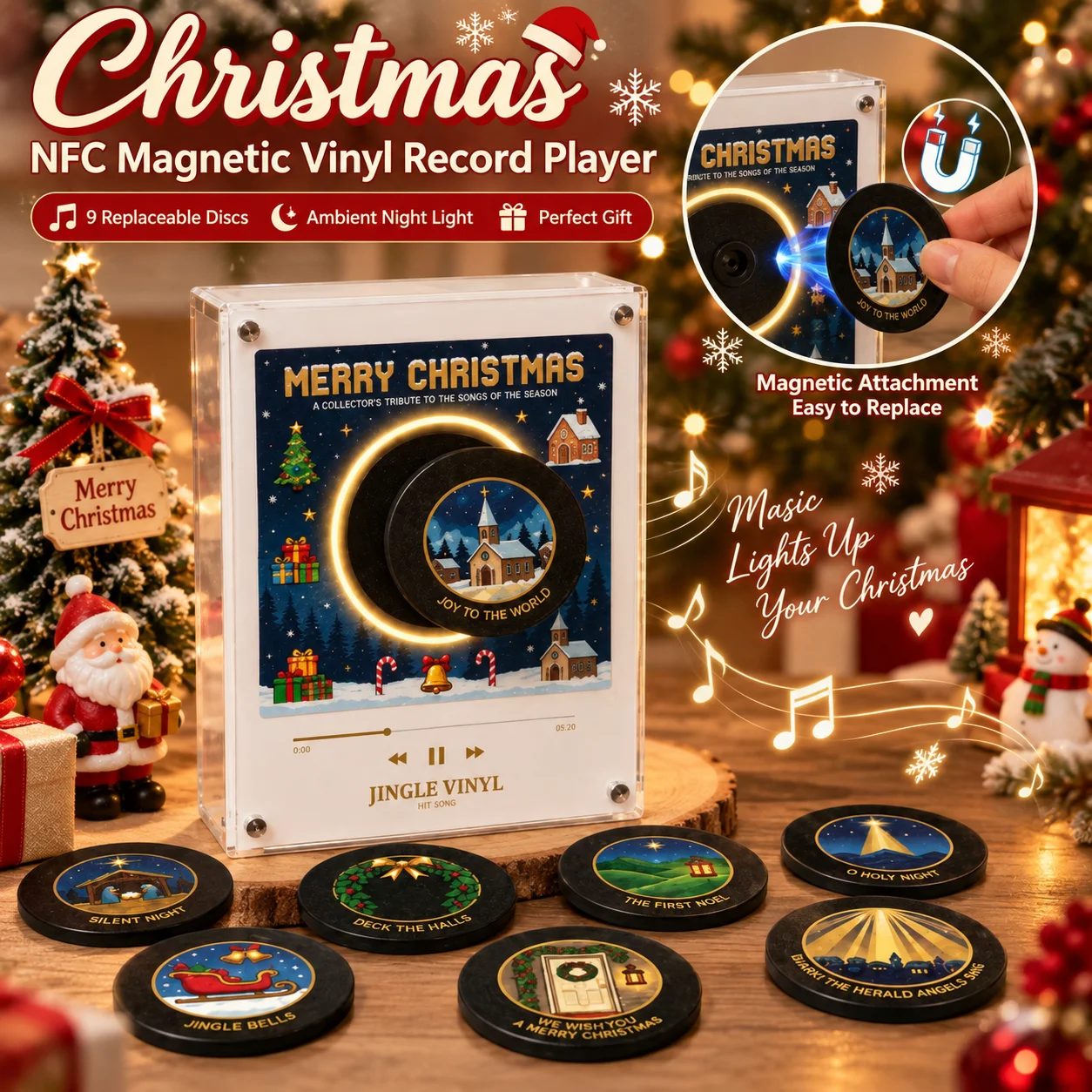 Christmas NFC Vinyl Record Player Fridge Magnet With 9 Replaceable Discs LED Light Touch Play Music Player Home Fridge Ornament
