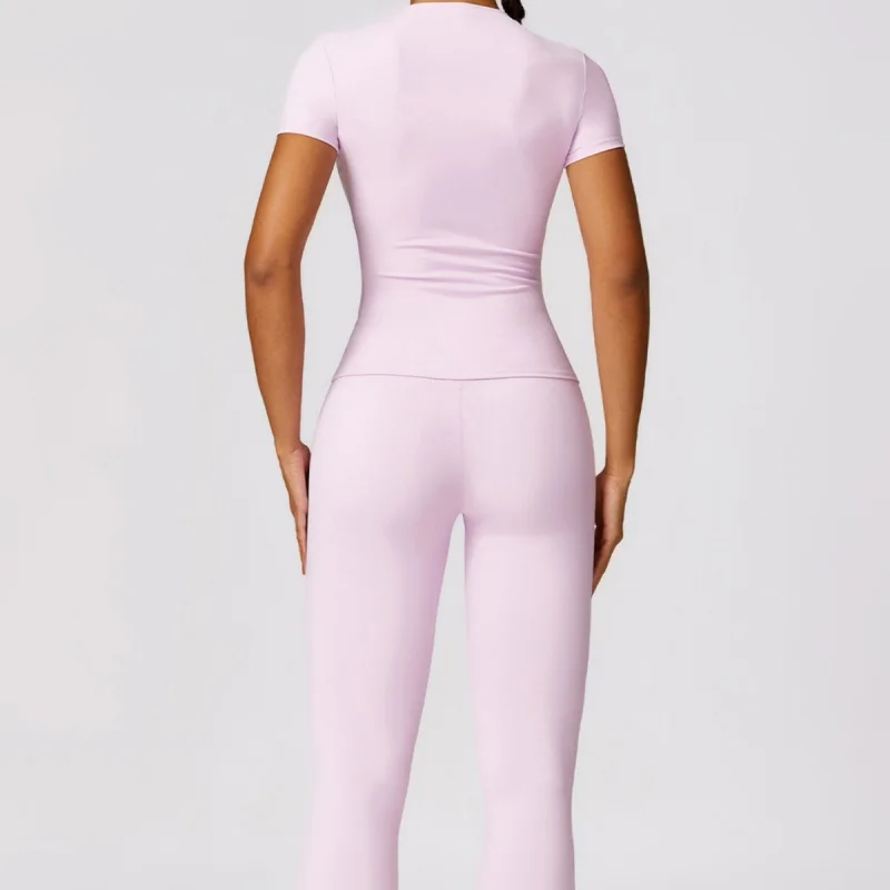 -Chemise femme séchage rapide Yoga entraînement en plein air course sport col rond serré minceur manches courtes coupe ajustée pantalon costume