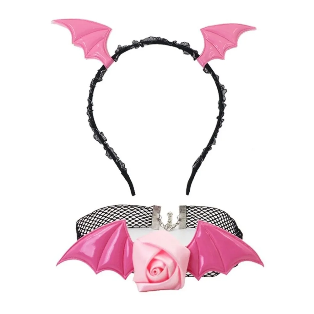 

Punk Flower Bat Wings Hairband Lace PU Leather Headband Necklace Set Mesh Gothic Halloween Hair Hoop Adults