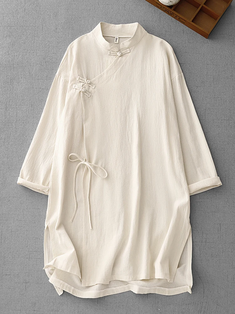 Nuovo abito cinese con colletto alla coreana Zen vintage primaverile da donna in cotone e lino