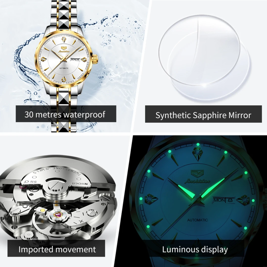 JSDUN 8975 Mechanical Fashion Watch Gift Stainless Steel Watchband Round-dial Wristwatch Week Display Calendar