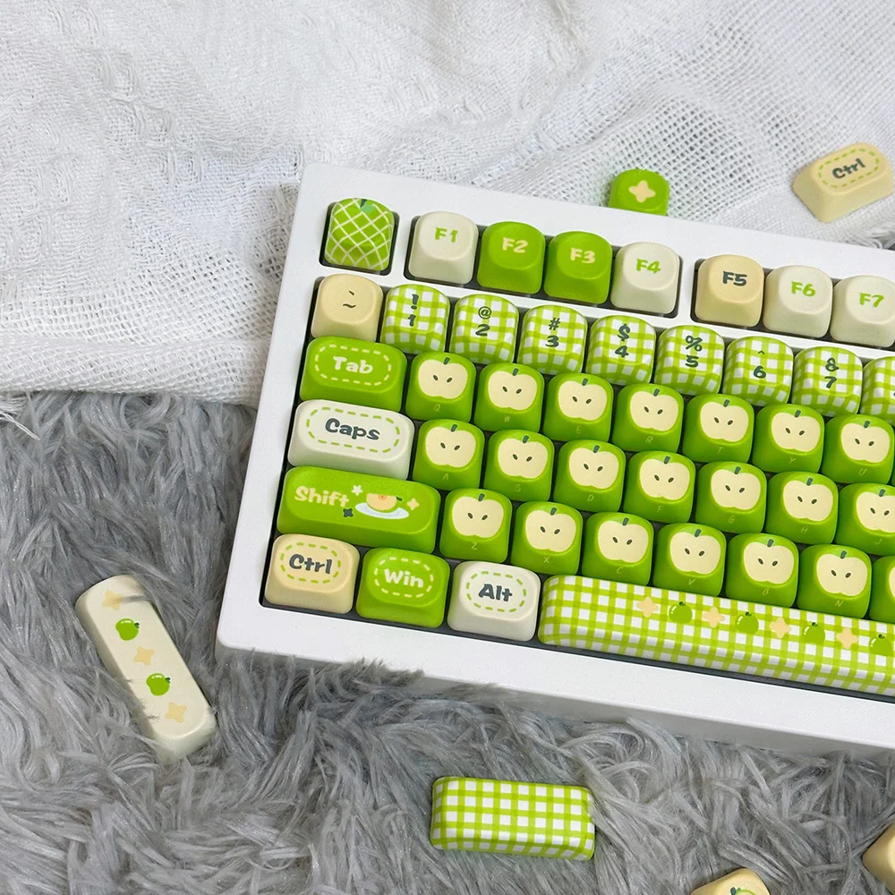 New Keycap MOA Height Small Complete Set Suitable for 87 and Below Keycaps Cute Green Apple Cartoon Mechanical Keyboard Keycaps