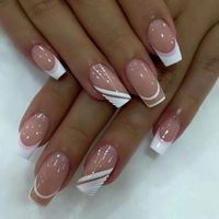 24pcs Fashion Nude Fake Nails White Lines French Design Ballet Press on Nails Mid-length Simple Ins Square Fake Nail Reusable
