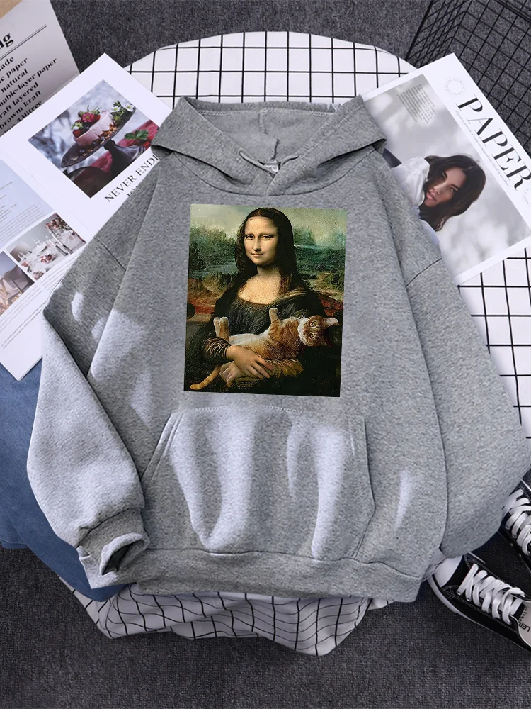 Oil Painting Mona Lisa And Cat Women Hoody Fashion Fleece Sweatshirt Autumn Crewneck Clothing Casual Oversize Womens Hoodies