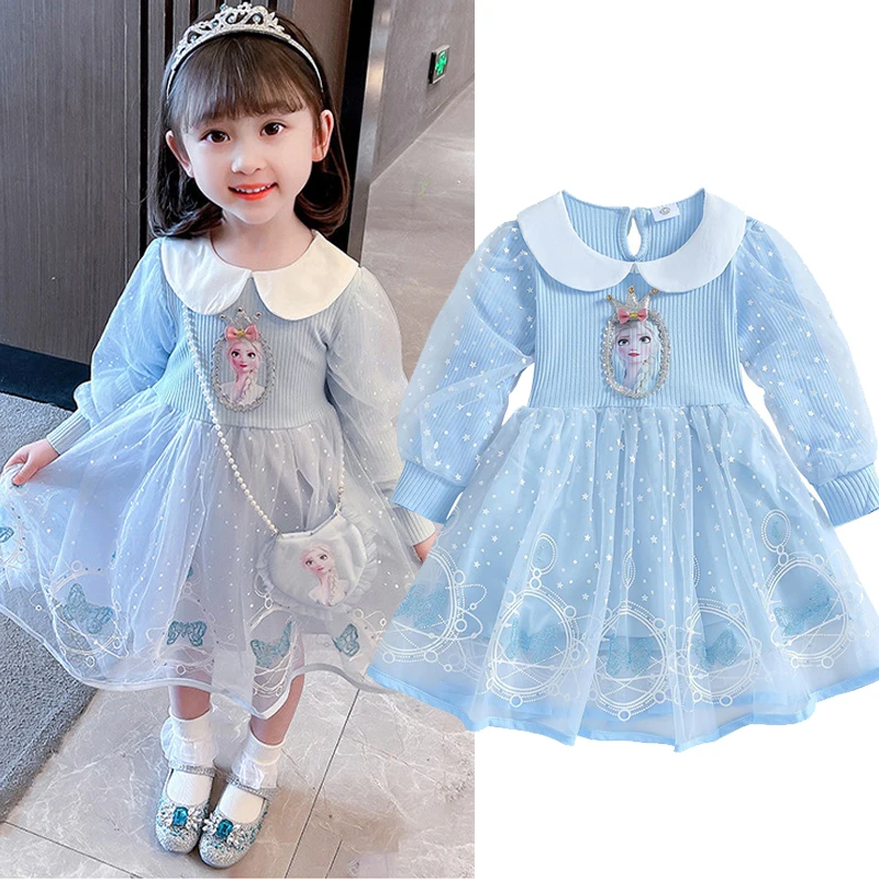 Girls Long Sleeve Mesh Dress Autumn Cartoon Frozen Elsa Printed Princess Dress Toddler Kid Clothes Birthday Party Dress + Bag