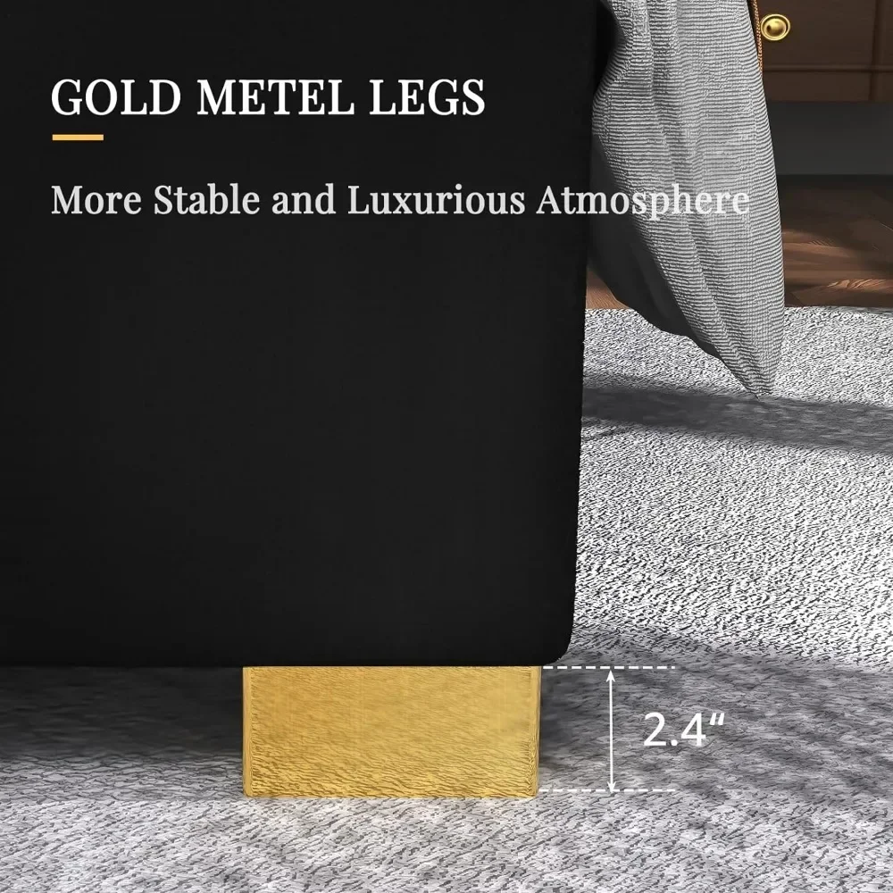 King Size Platform Bed Frame, 65" Velvet Upholstered Bed with Gold Trim Headboard/Wooden Slats image 5