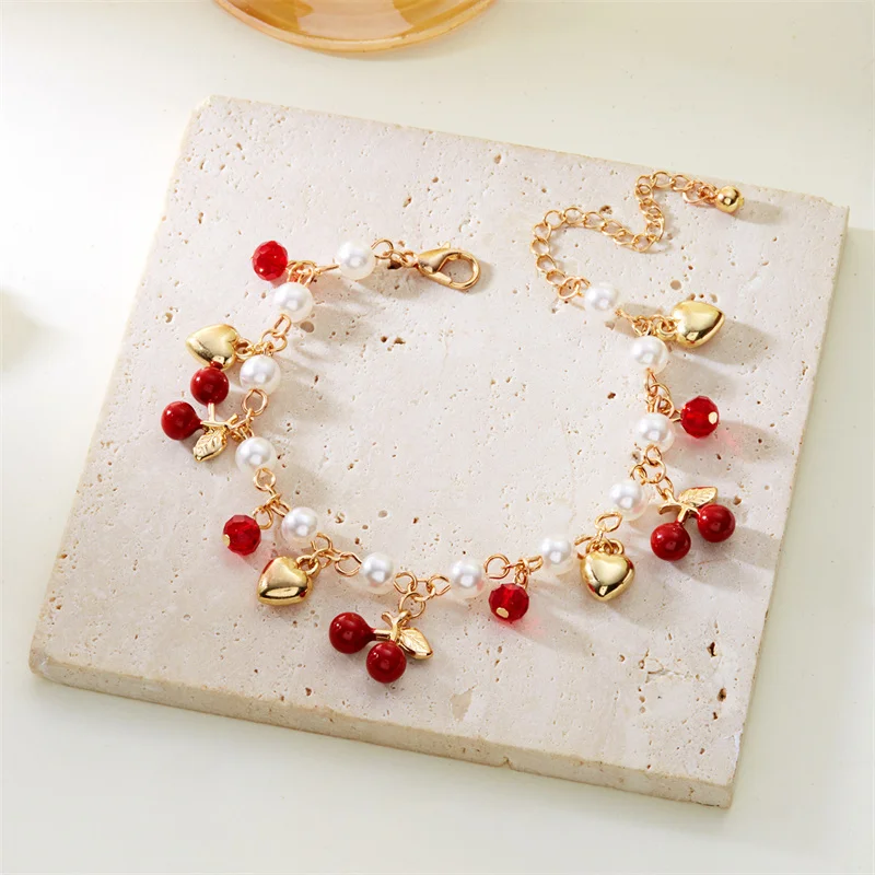 Sweet Cute Red Strawberry Cherry Heart Pearl Charm Bracelet New Fashion Y2K Fruit Gold Color Chain Jewelry Party Gifts 2025