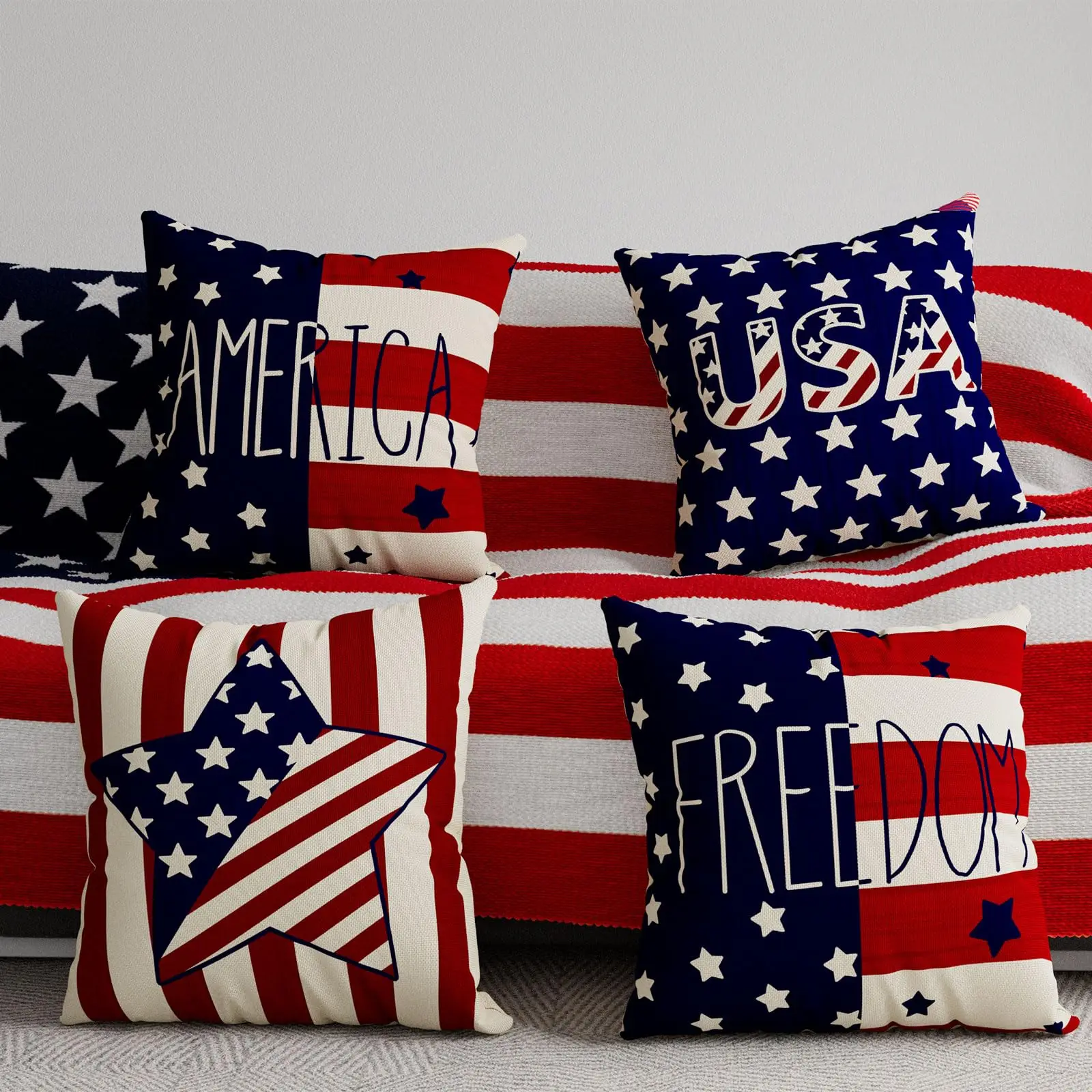 Stripes Stars Freedom America Memorial Day Pillow Covers 4th of July Patriotic Independence Day Throw Pillow Cases Set of 4