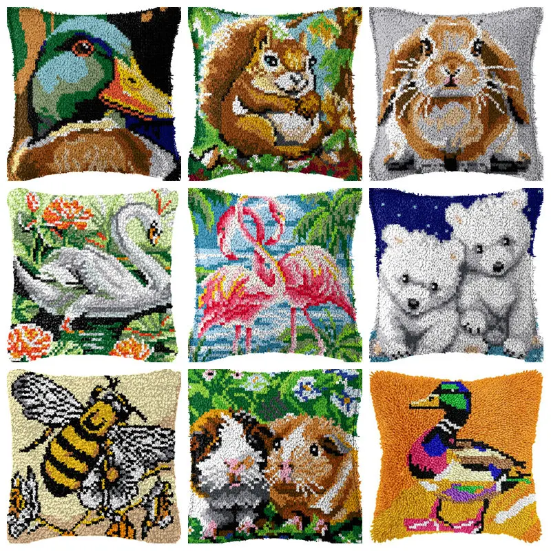 

Sided Latch Hook Pillow Kit Reversible Animal Designs - Rug Making Starter Pack with Video Guide