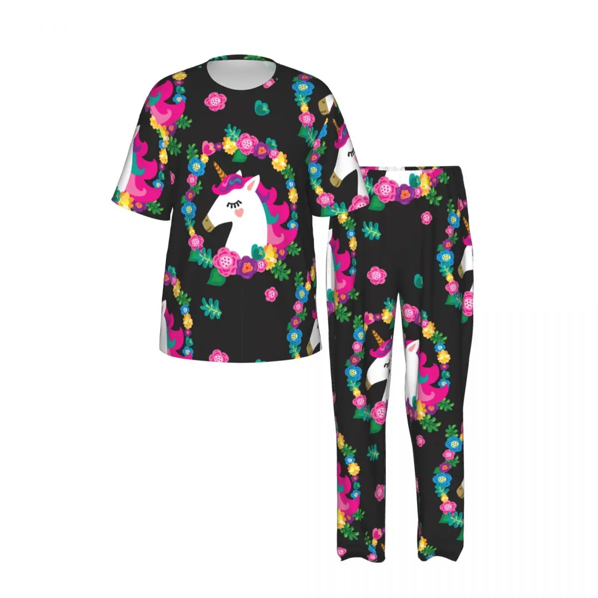 Sleepwear Summer Spring Home Clothes Cute Unicorn With Flowers Wreath Short Sleeve Long Pant Nightwear