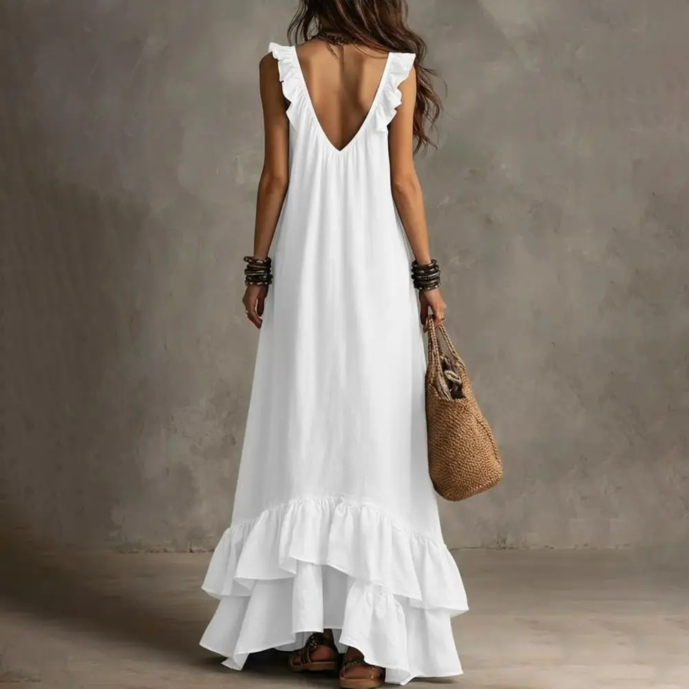 

Women Bohemian Long Dress Summer Ruffle Deep V Neck Sleeveless Swing Dress Solid Color Loose Casual Beach Vacation Maxi Dress
