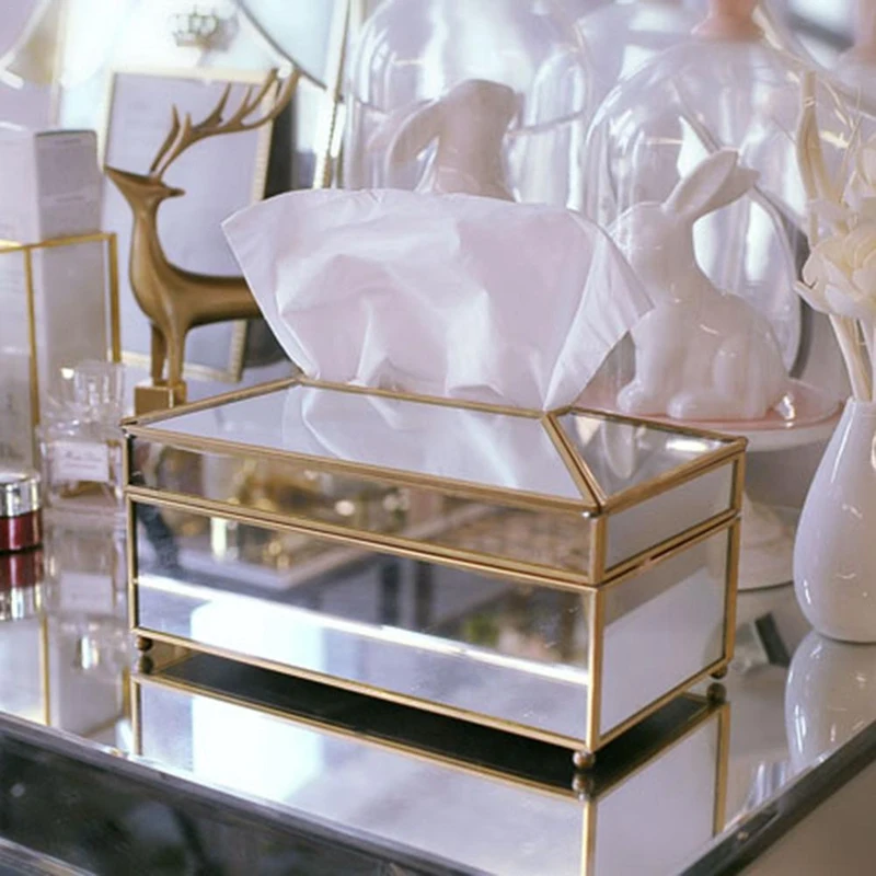 Luxury European Style Practical Mirror Glass Tissue Box Waterproof Paper Towel Holder Dressing Table Tray Home Decor - M-A55K