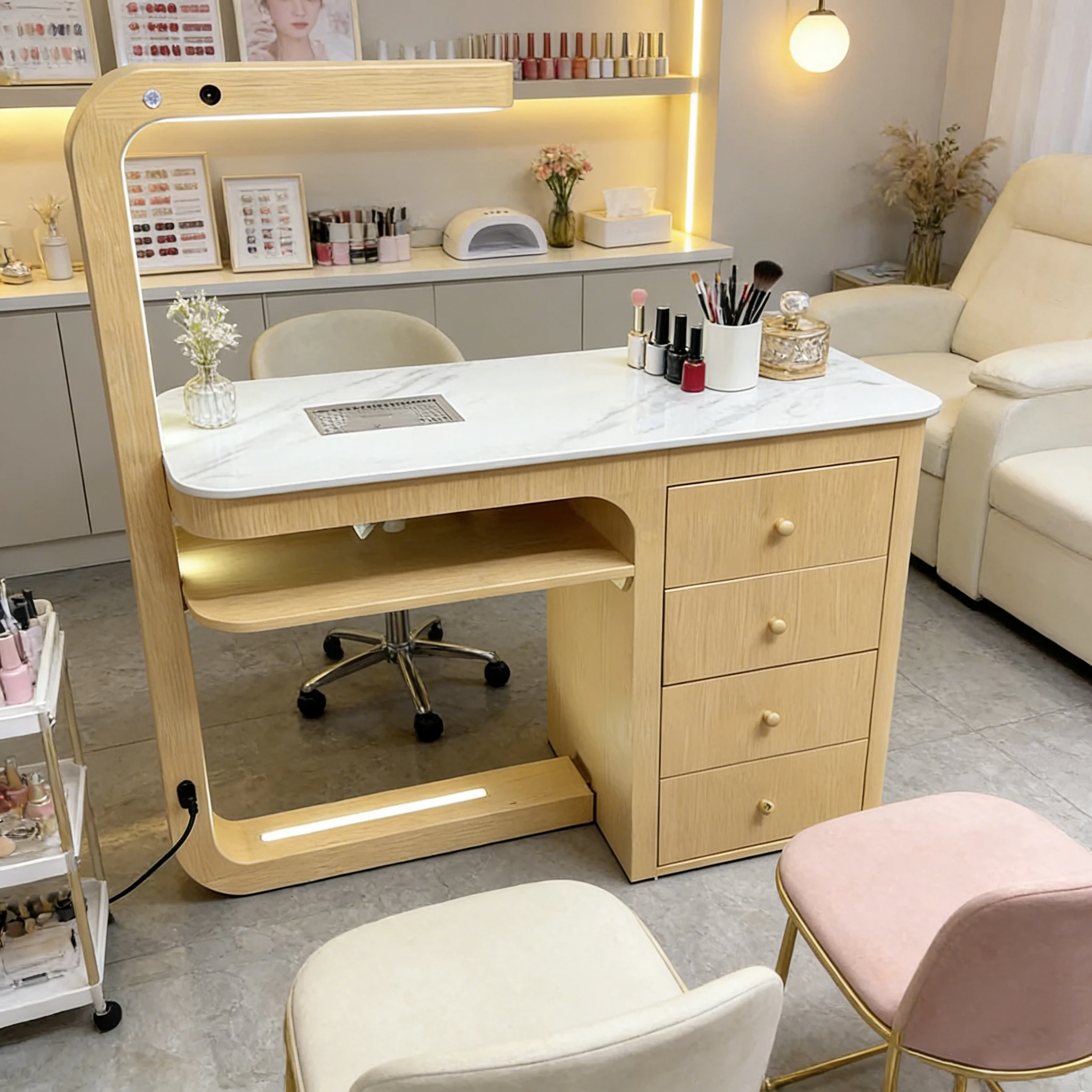 Portable Modern Design Carts Salon Furniture Nail Art Tables With Art Pad Lights Metal Tables And Chairs And Technology Carts