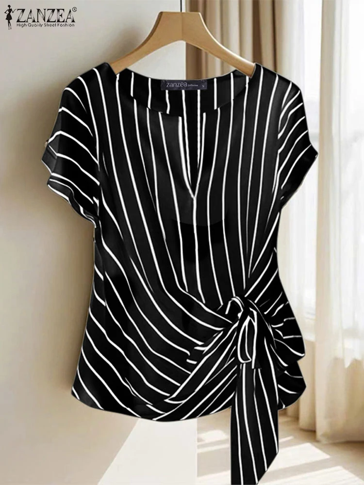

ZANZEA Casual V-Neck Tops Tie-Front Elegant Stylish Fashion Striped Blouses Commute 2025 Summer Short Sleeve Women Blusas Mujer