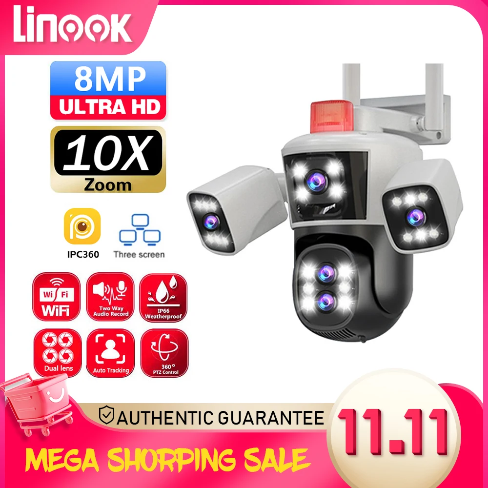 Linook 16MP, 8K, 4-lens, 10x optical zoom, outdoor waterproof CCTV, WIFI phone connection, IP camera, pan tilt 360 intelligent