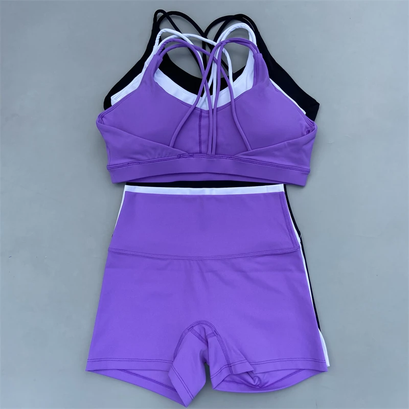 Yoga Shorts Set Women Gym Sports Set Workout Tracksuit 2 Piece Fitness Suit Cross Straps Bra High Waist Shorts Running Clothes