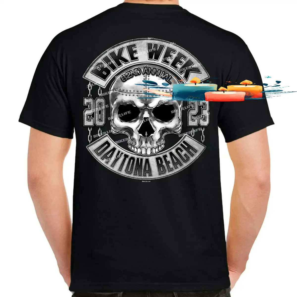 Retro Bike Week Daytona Beach Iron Chain Skull T-Shirt 100% Cotton O-Neck Short Sleeve Summer Casual Mens T-shirt Streetwear