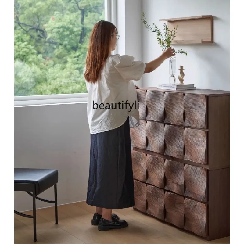 Vintage Style Simple Combination Cabinet Living Room Solid Wood Sideboard Walnut Color Bedside Chest of Drawers