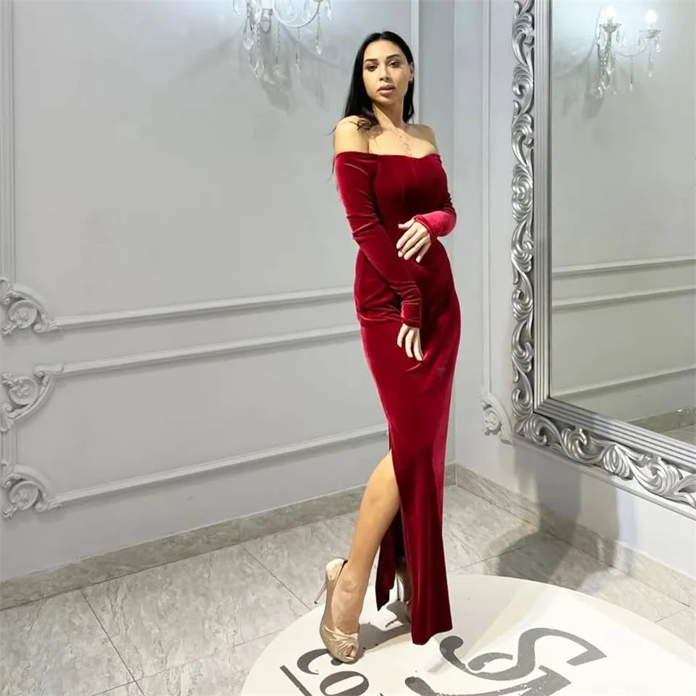 Customized Evening Dress Exquisite Burgundy Velvet Strapless Off the Shoulder Long Sleeves Elegant Mermaid Ruched Party Dresses