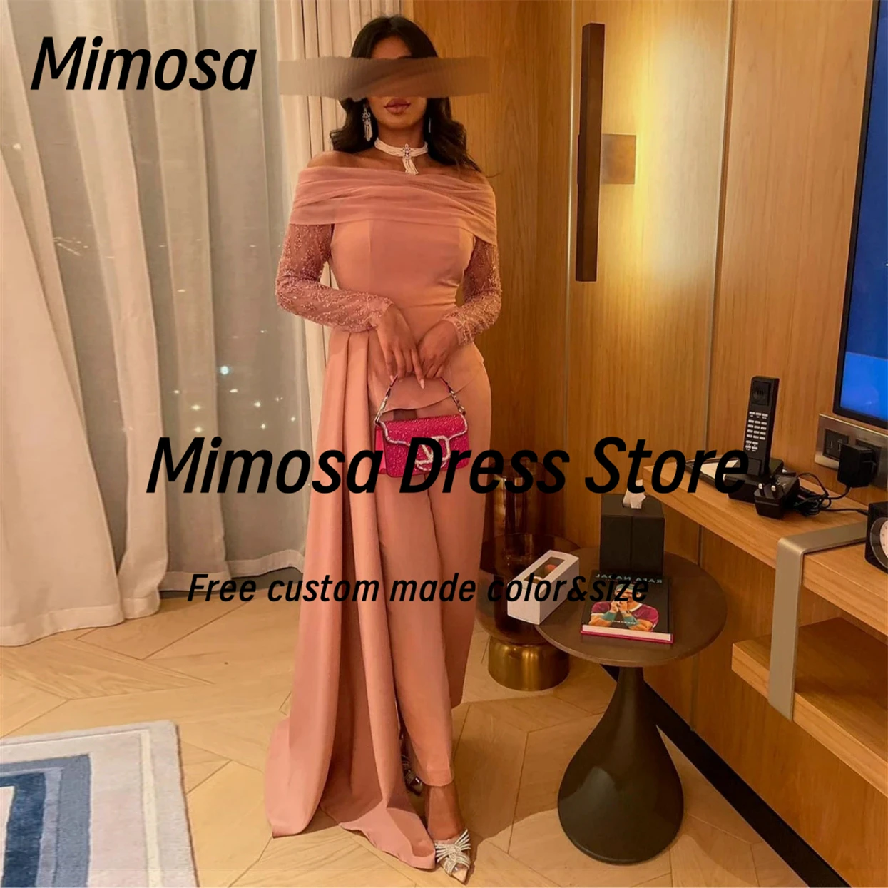 

Mimosa Prom Dresses 2025 Saudi Arabia Women Wear Pant Suits Wedding Party Dress Beading Long Sleeves Evening Gowns Customized