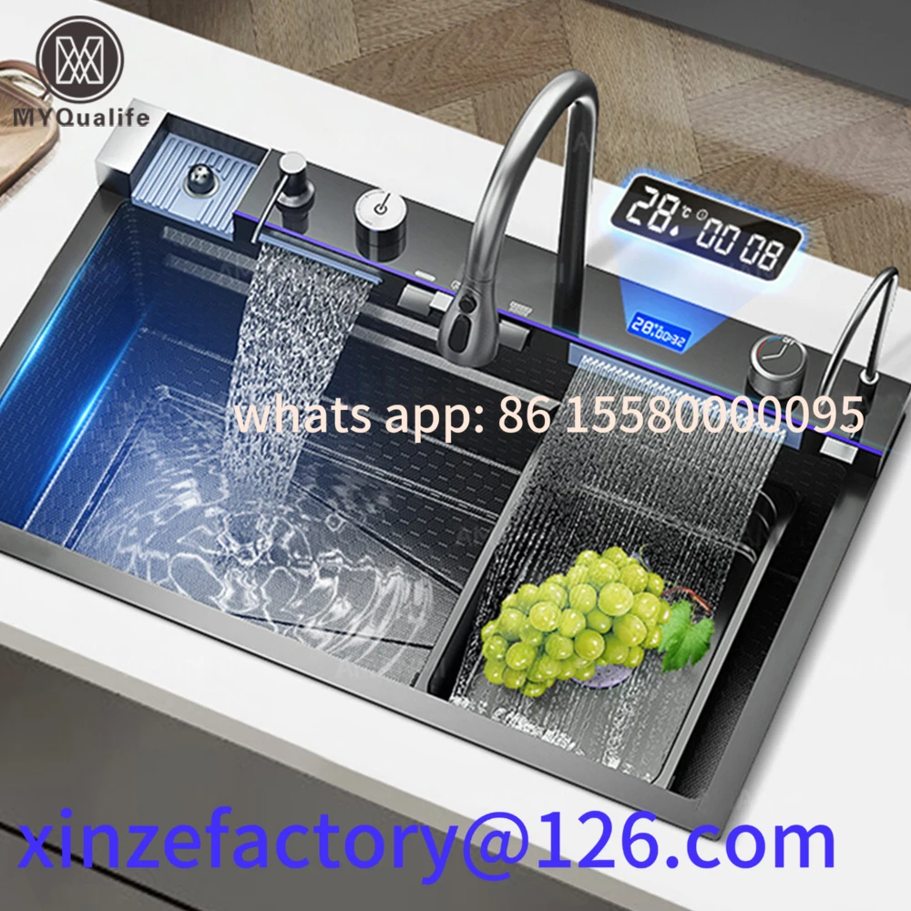 

Customizable Stainless Steel Waterfall Kitchen Sink Large Single Slot Integrated Digital Display Faucet Set Soap Dispenser