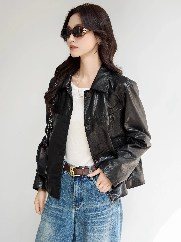 سترات دراجة نارية من الجلد الطبيعي باللون الأسود للنساء لربيع وخريف 2025 معطف جديد عالي الجودة بسيط وبسيط من جلد البقر الحقيقي #5