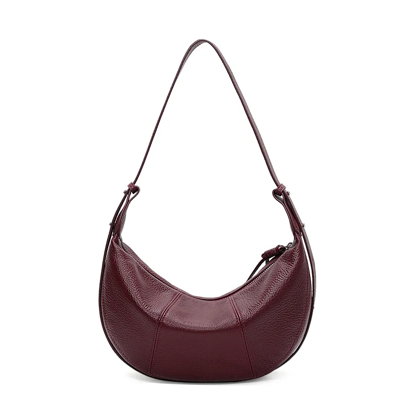 Genuine Cowhide Women's Shoulder Bag – Burgundy Leather Hobo Tote with Adjustable Strap, Soft & Stylish Crossbody Handbag